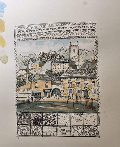 Pen sketch with watercolour HM.